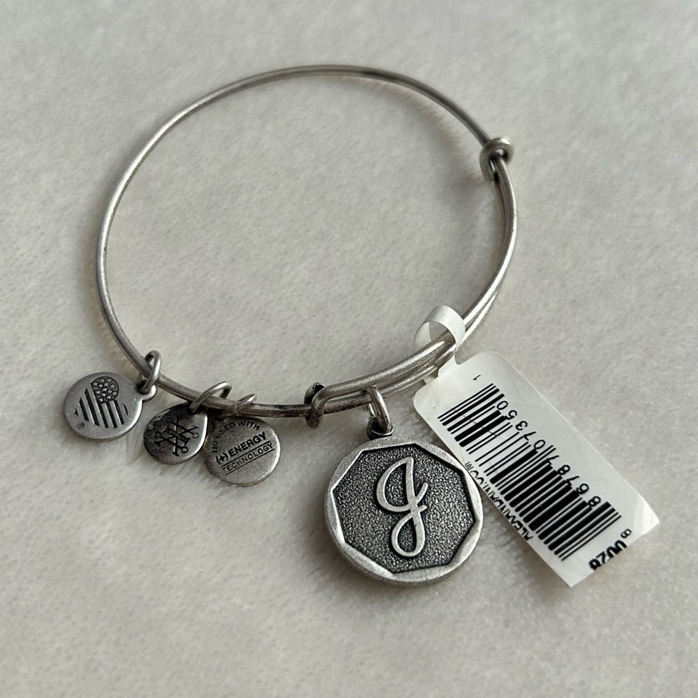 BNWT Alex and Ani Silver “J” Initial Adjustable Charm Bracelet/Bangle
